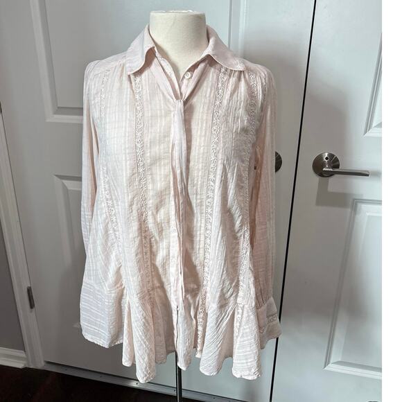 Free People Mikaela Light Pink Embroidered Button Front Tie Neck Cotton Tunic XS - Picture 3 of 14